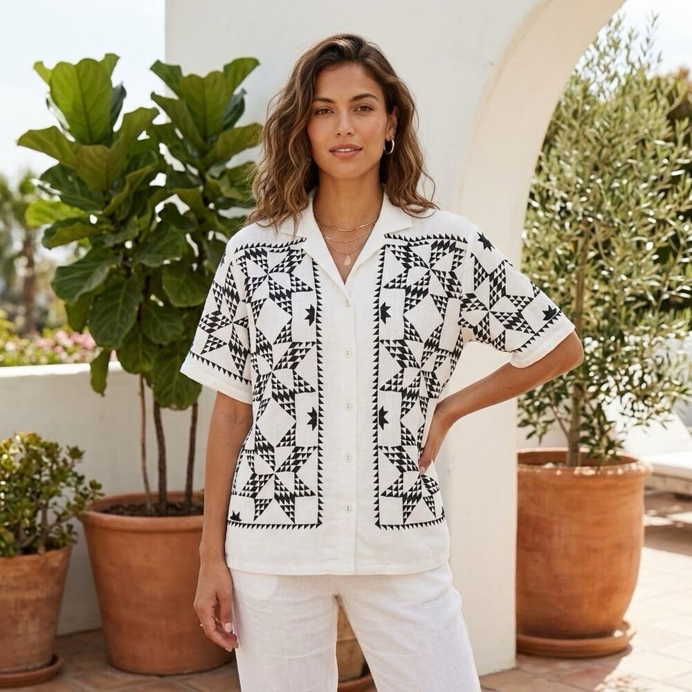 VRG GRL Embroidered Linen Blend Camp Shirt 10 US 8/10 Black White Button Down